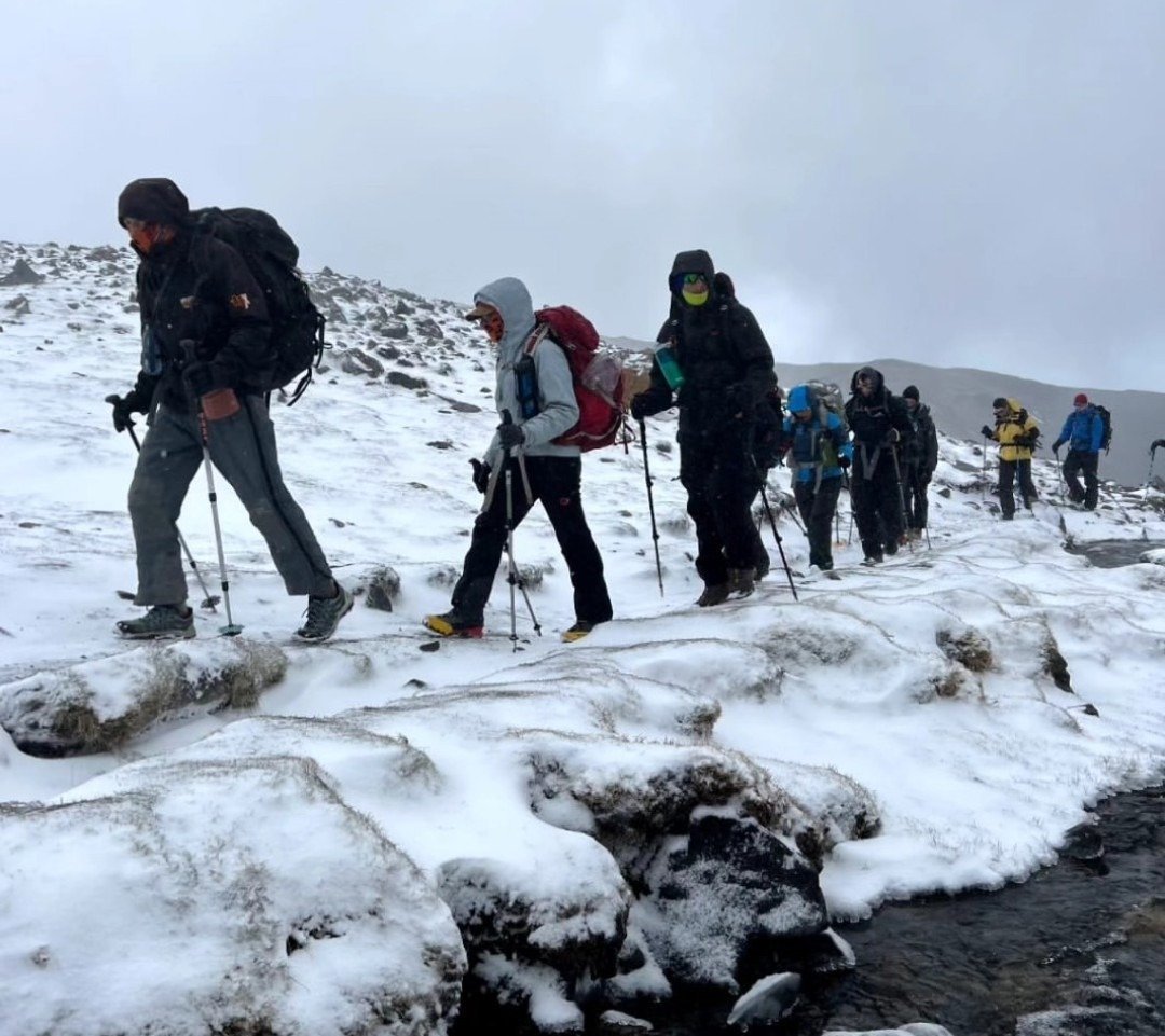 Grupo caminando por la nieve rumbo al cerro Plata