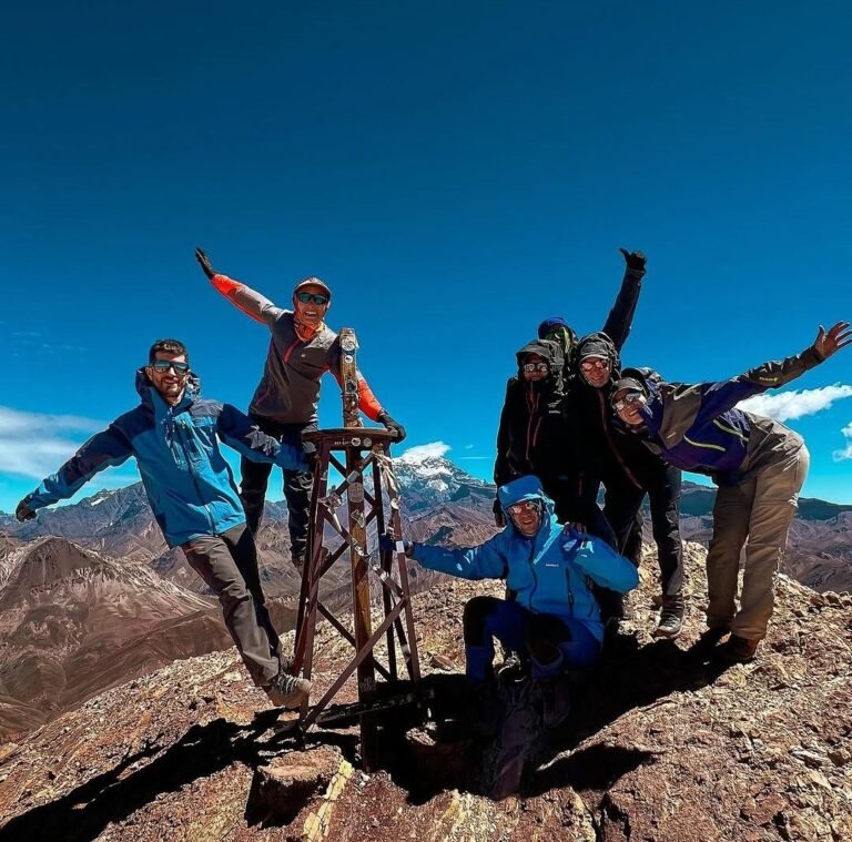 Grupo festejando en la cumbre, con la cordillera nevada de fondo